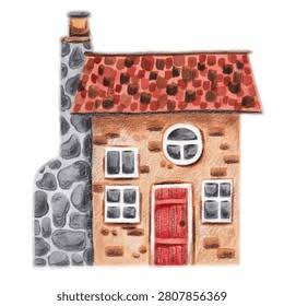 Cozy stone cottage with red roof — collection cover image for House & Village Scenes