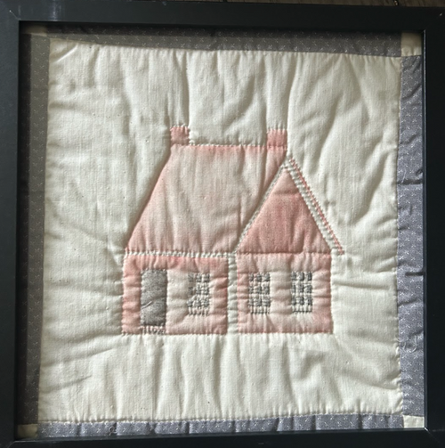 Blush pink cottage quilted appliqué wall art in black shadow box frame